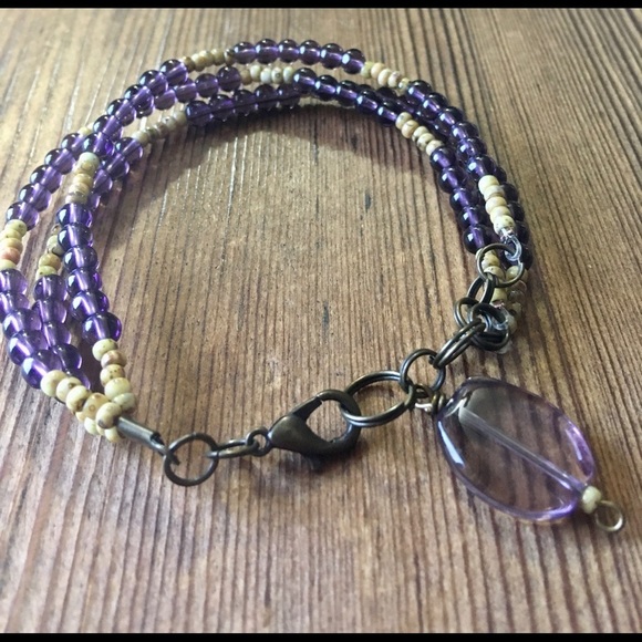 Purple and Tan Triple Strand Ladies Beaded Bracelet, Handmade Ladies Bracelet - Picture 5 of 6